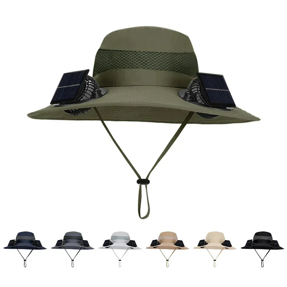 Green wide-brim solar fan fisherman hat with chin strap and side solar panels