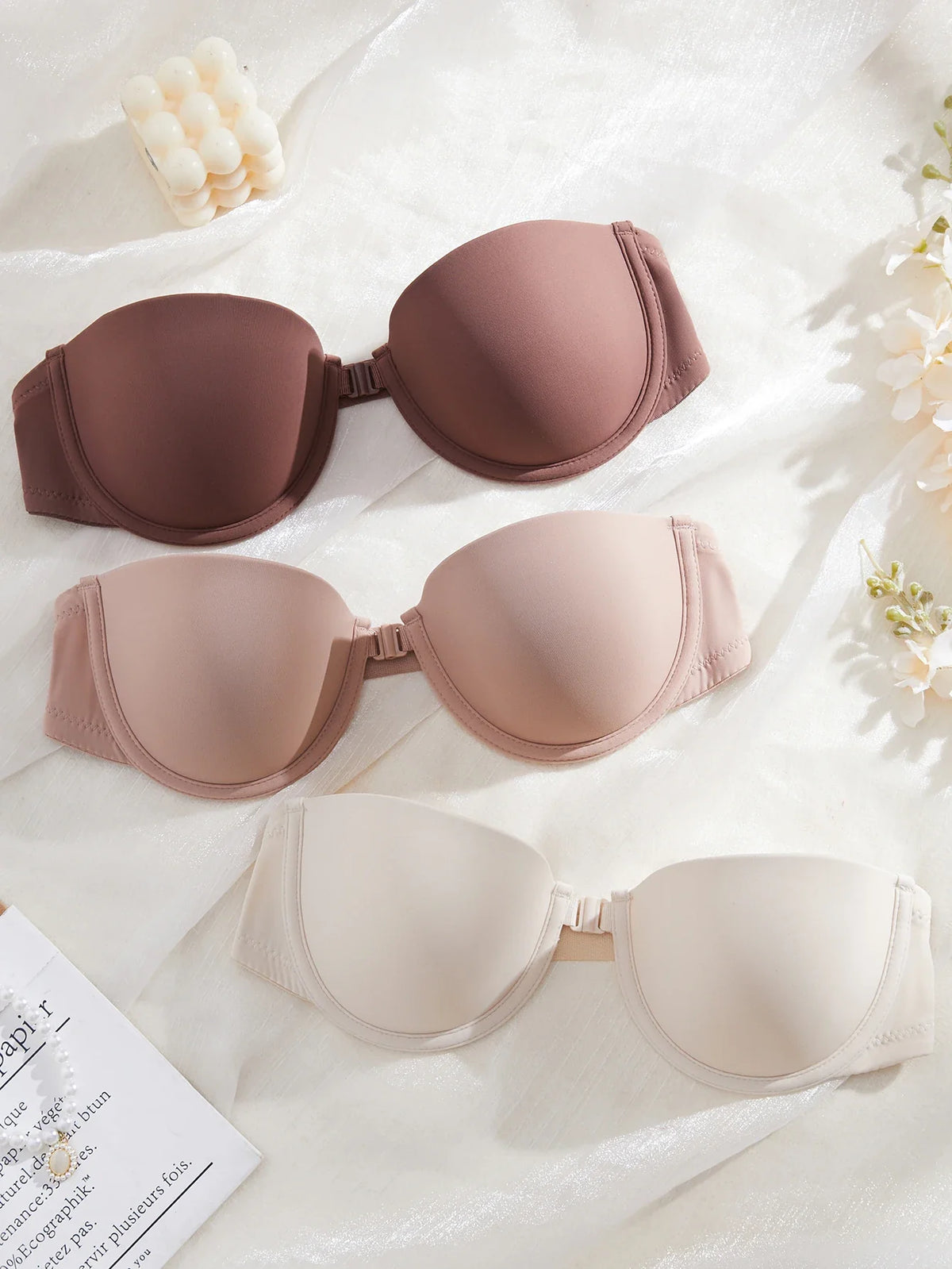 3-piece demi cup push-up bra set with seamless underwire support, brown, blush, and white