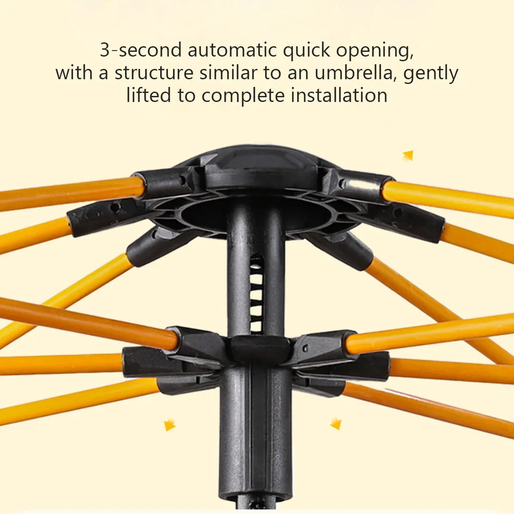 Automatic tent frame mechanism with black hub and orange support poles