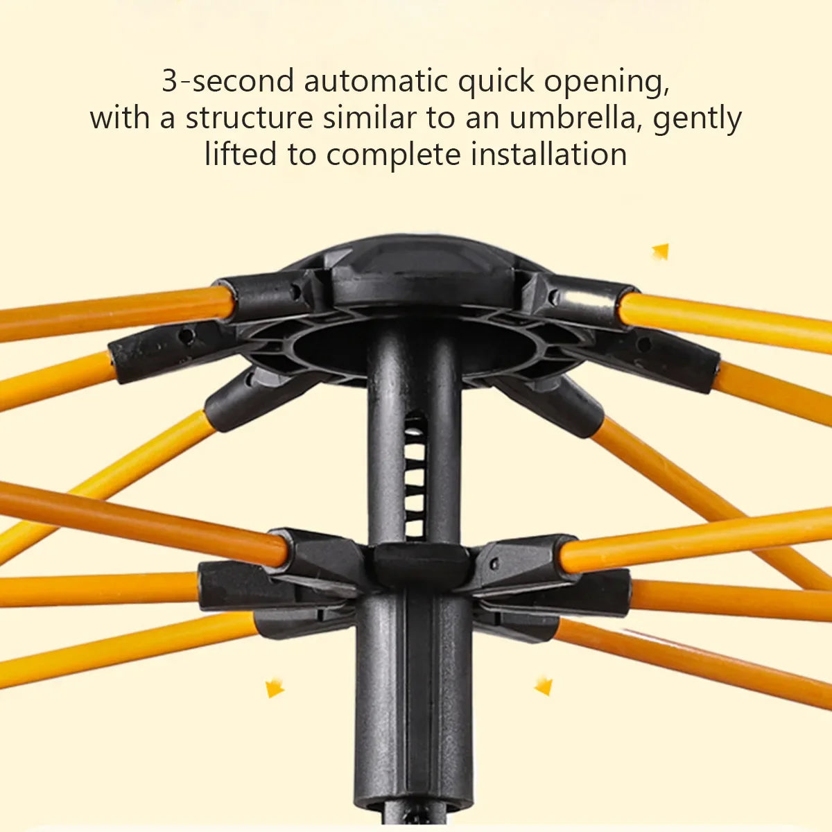Automatic tent frame mechanism with black hub and orange support poles