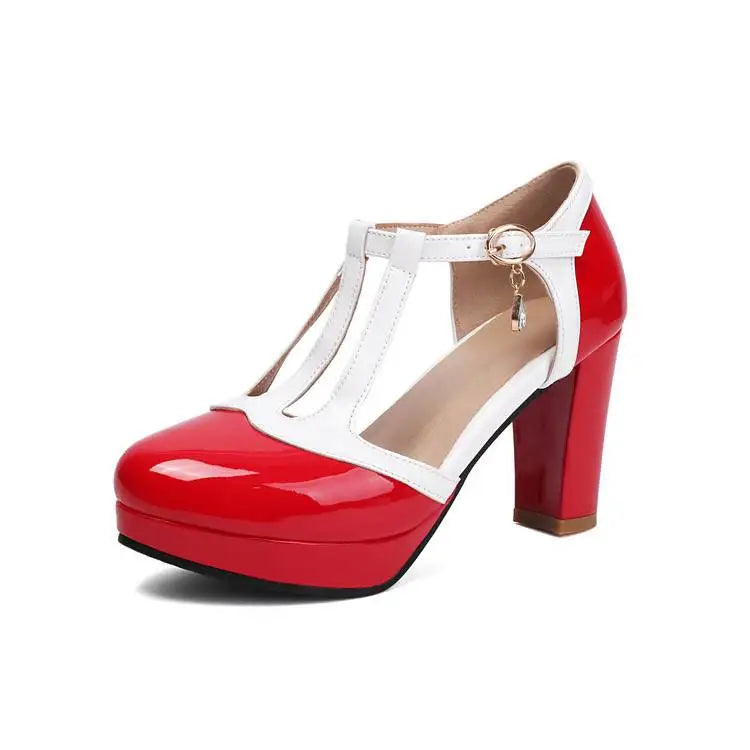 Women’s color-block T-strap heels, red and white patent finish with round gold buckle charm