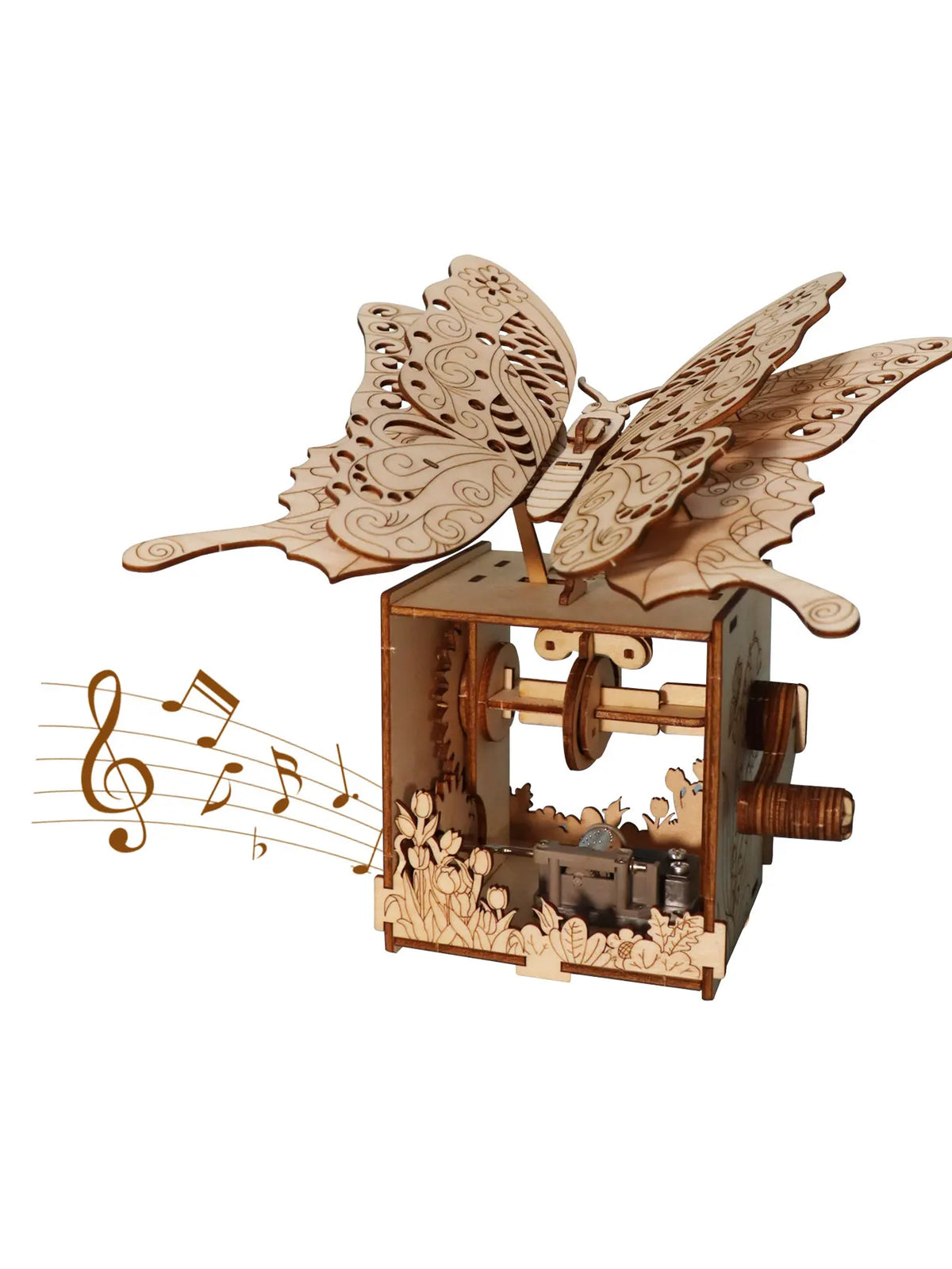 Wooden butterfly music box DIY model kit with rotating crank and carved wing panels
