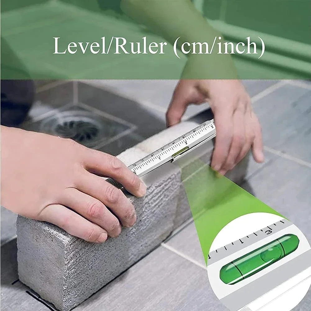 7-in-1 stylus pen measuring tool with ruler, green level insert, and white body