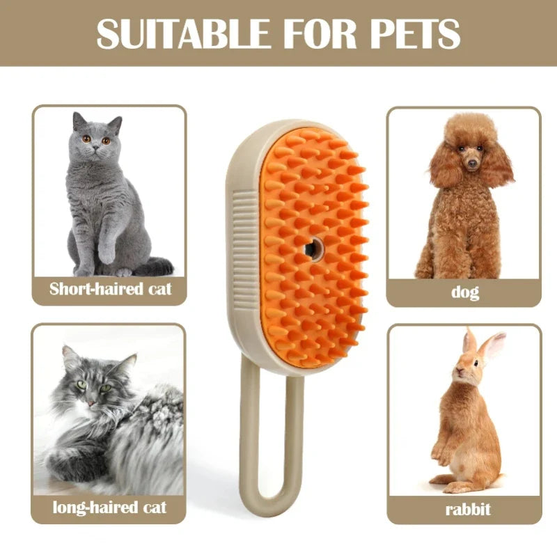 Pet steam brush with orange silicone bristle head and cream handle for multiple coat types