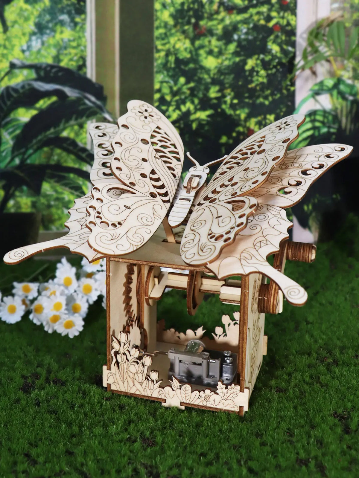 Wooden 3D butterfly music box model kit with open crank mechanism and carved wings