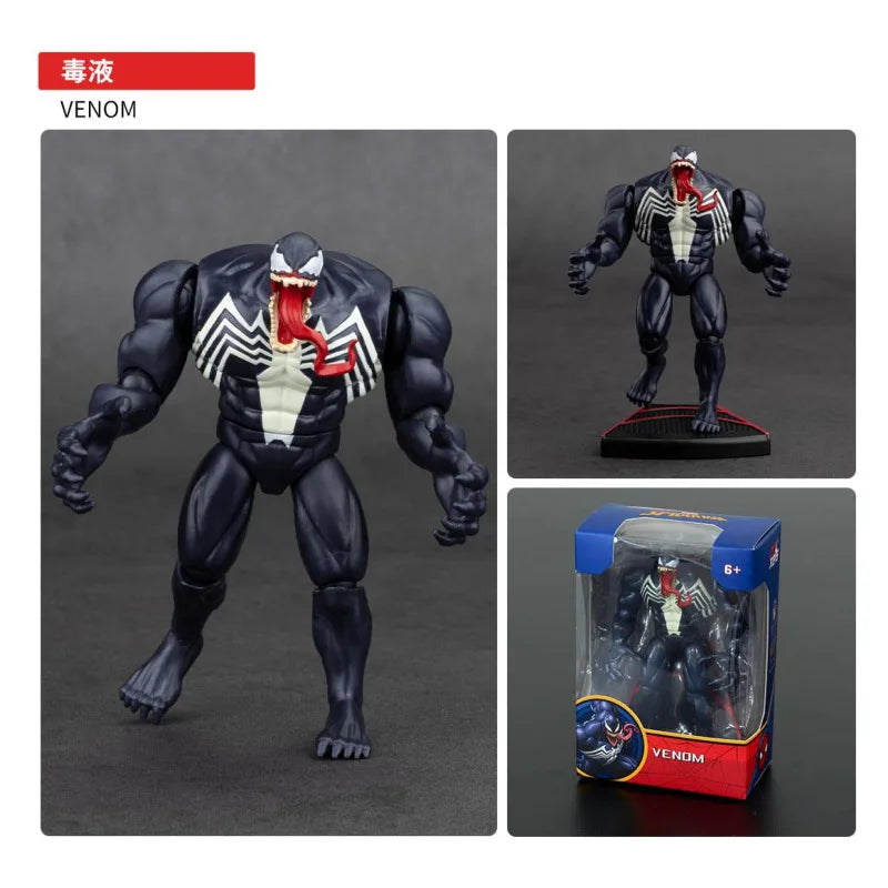 4-inch poseable Venom action figure in black suit with white chest, standing on base