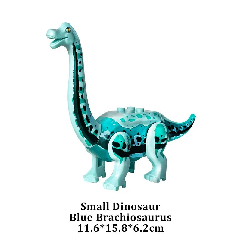 Blue dinosaur building block figure with spotted teal markings and long neck