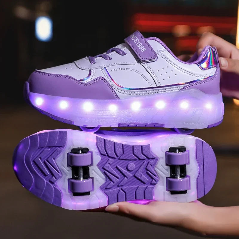 Purple and white LED roller sneakers with glowing wheel lights, hook-and-loop strap
