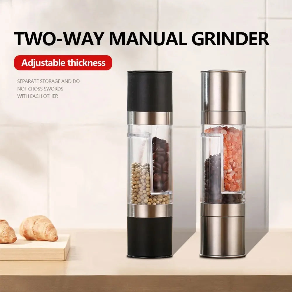 Adjustable two-compartment manual grinder set, black and stainless steel versions