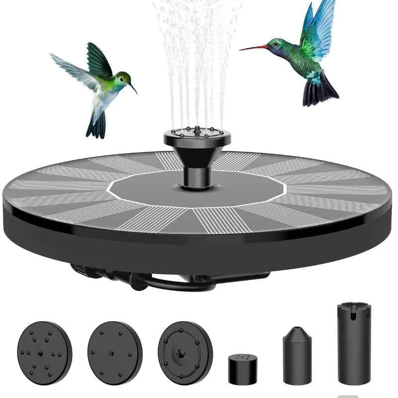 Solar fountain pump with circular base, nozzle, and included adapter parts