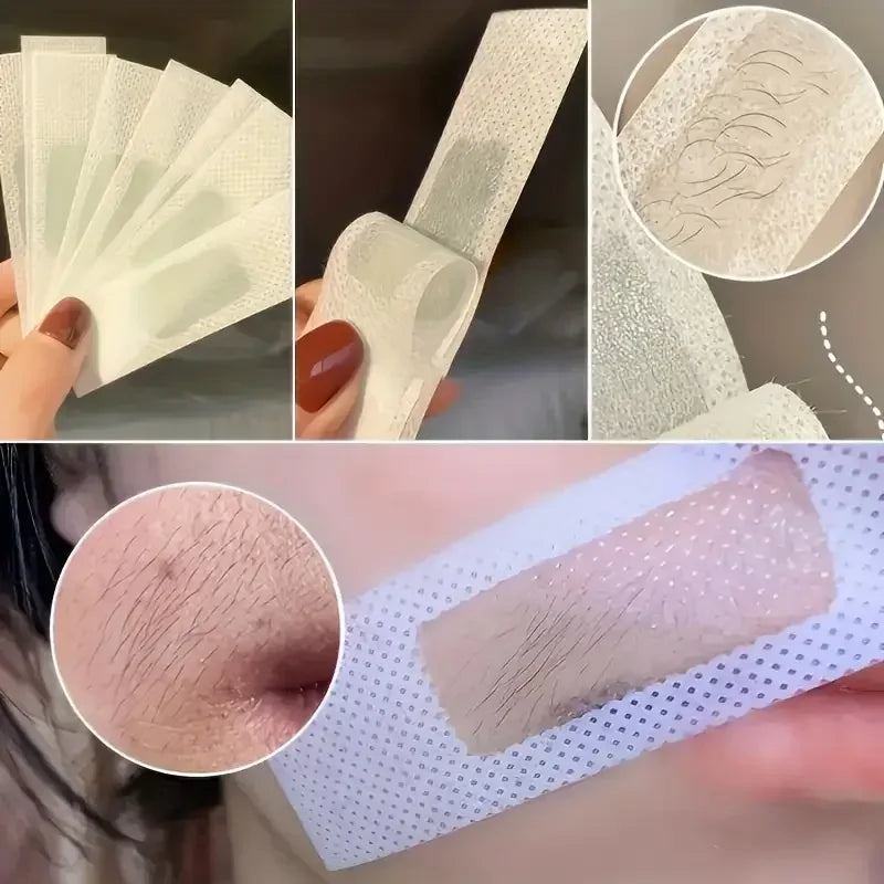 Beige cold wax hair removal strips, double-sided paper strips for facial and body hair.