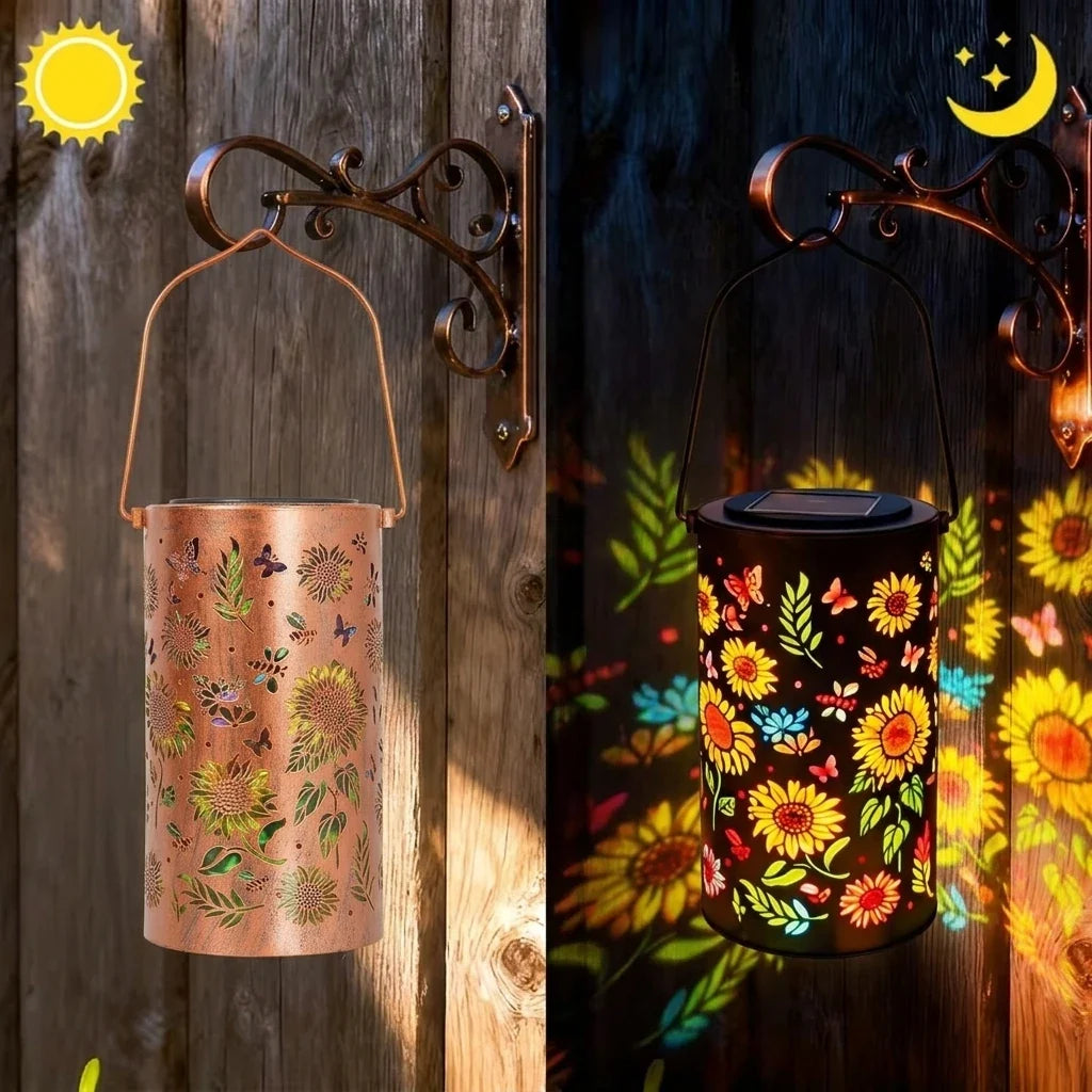Hanging sunflower solar lantern with black top, copper-toned handle, outdoor light