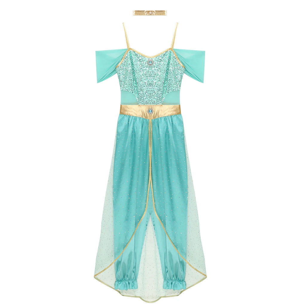 Turquoise sequined off-shoulder costume set with gold waist belt and sheer overlay