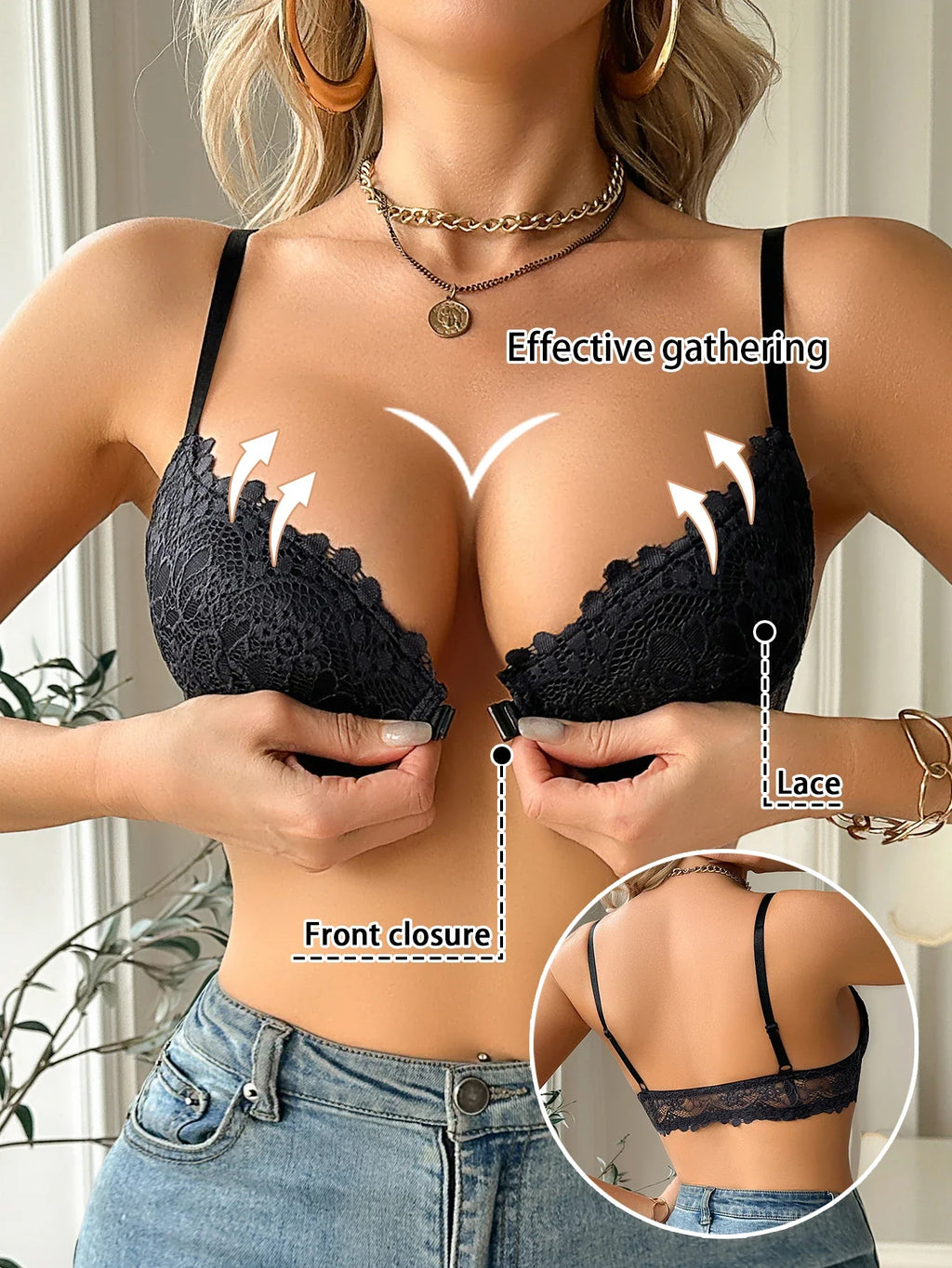 Black lace front-clasp push-up bra with underwire, adjustable straps, unpadded cups
