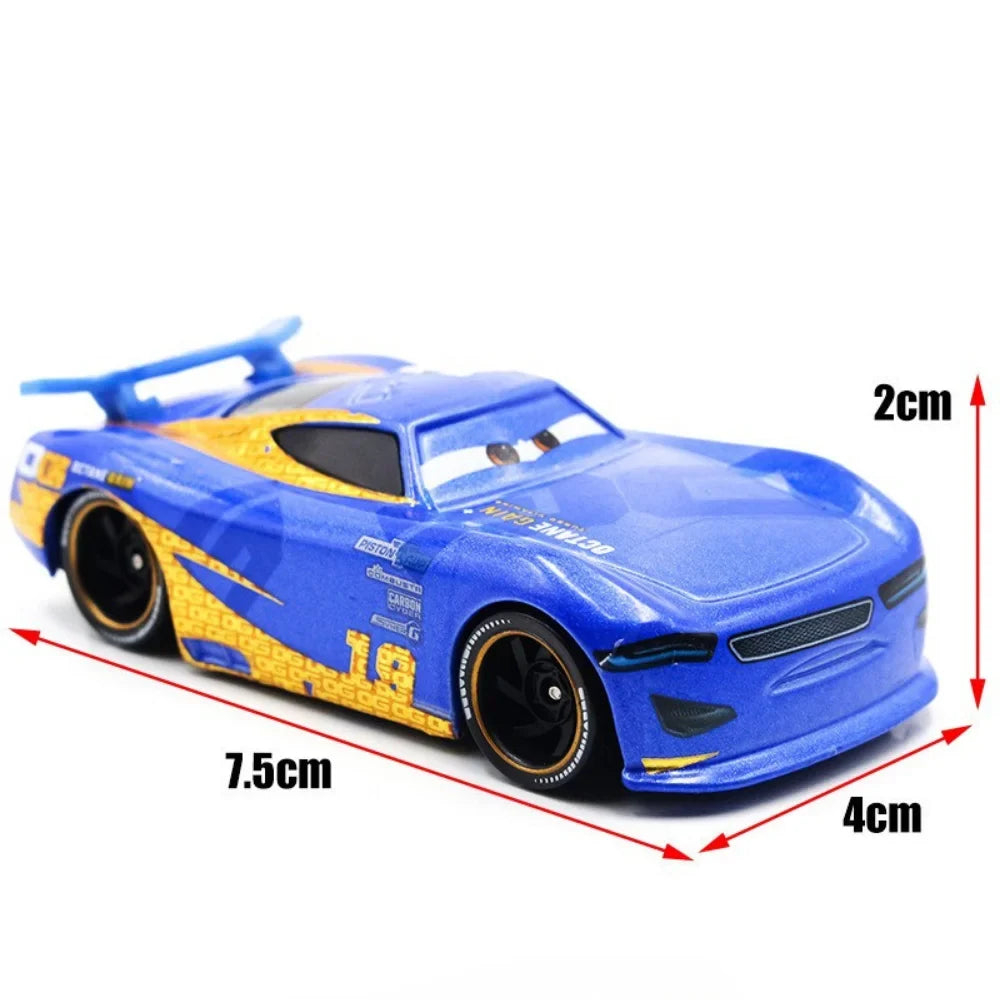 Diecast racing car model toy in blue with number 18, cartoon eyes, and rear spoiler