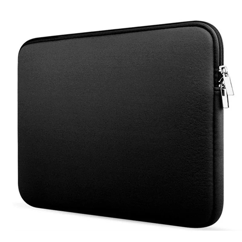 Black zippered laptop sleeve case with rounded corners and smooth outer shell.