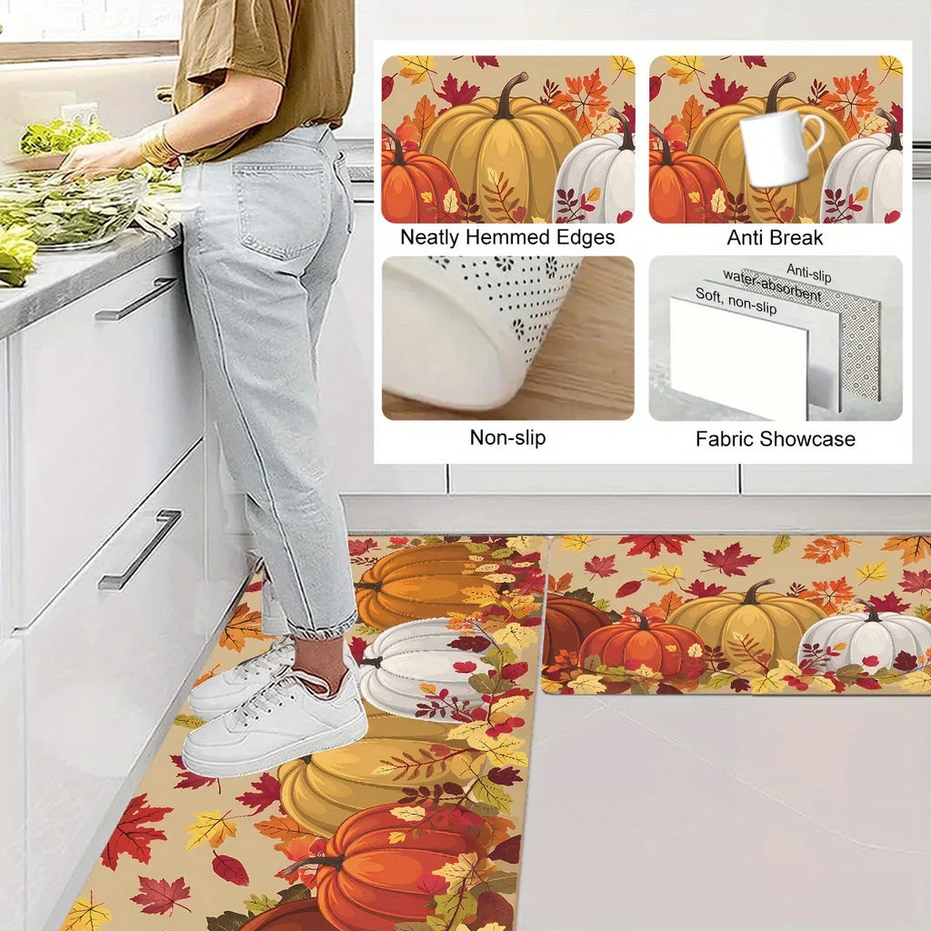 Autumn pumpkin and maple leaf area rug, rectangular shape with finished edges