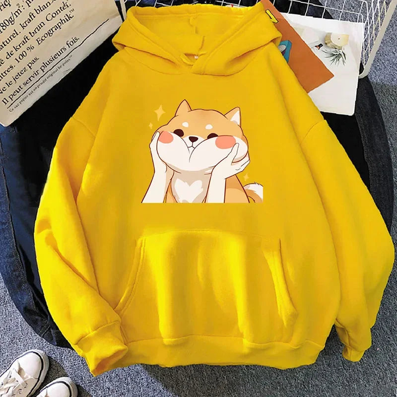 Yellow Shiba Inu graphic hoodie with front pocket and drawstring hood