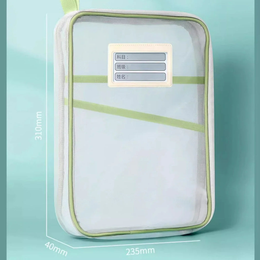 Transparent front pocket stationery storage bag with green border and label card holder