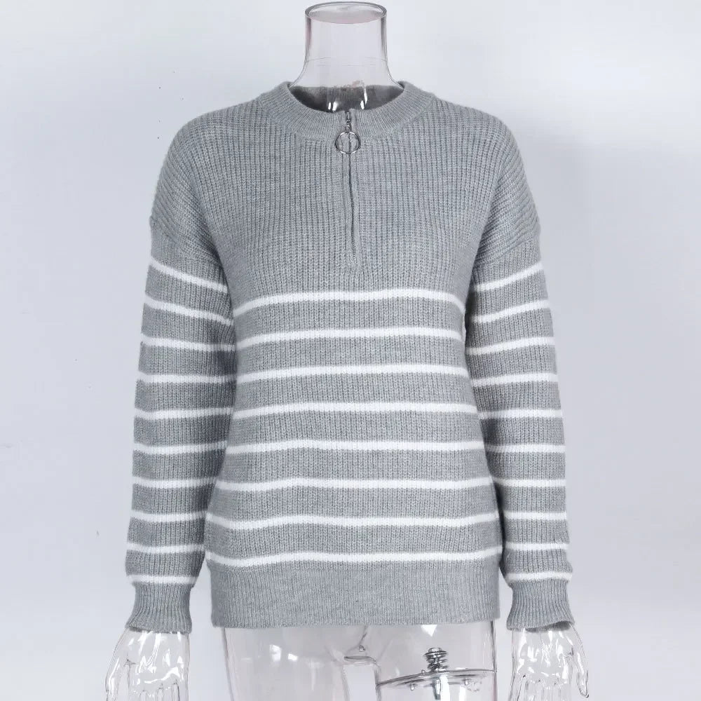 Women's gray O-neck knit sweater with white horizontal stripe banding, long sleeves