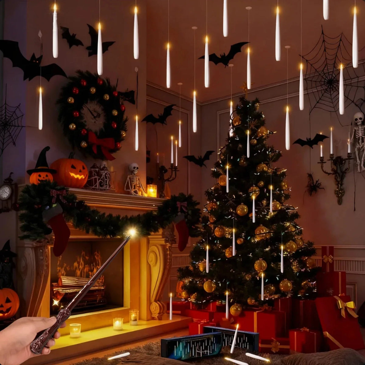 LED floating candles with flickering flame, overhead hanging display and wand