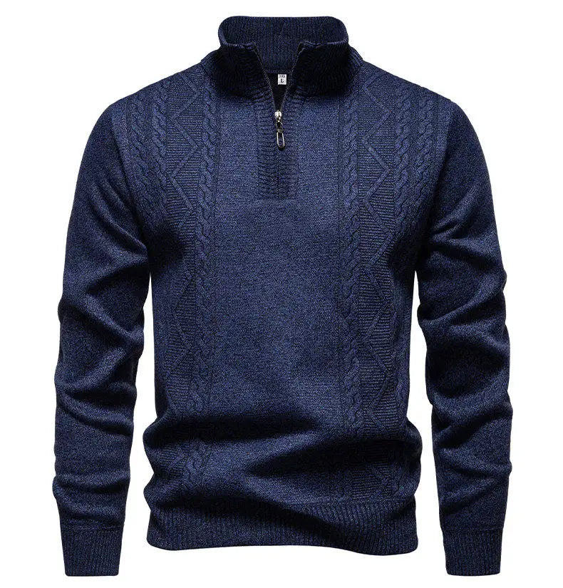 Men's knit pullover sweater, dark navy, stand collar half-zip with textured pattern