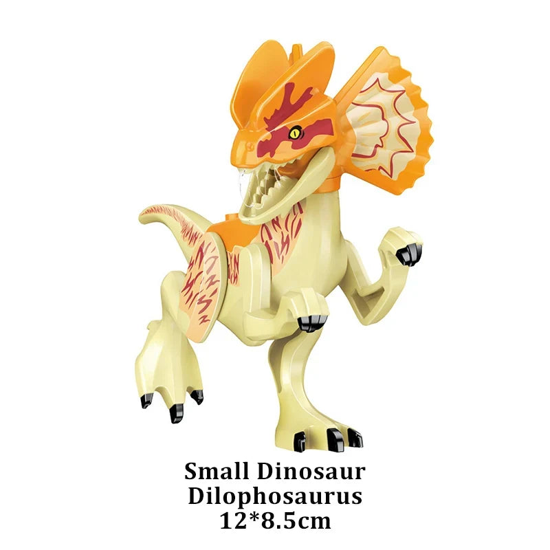 Yellow-and-cream dinosaur building block figure with orange head crest and red markings
