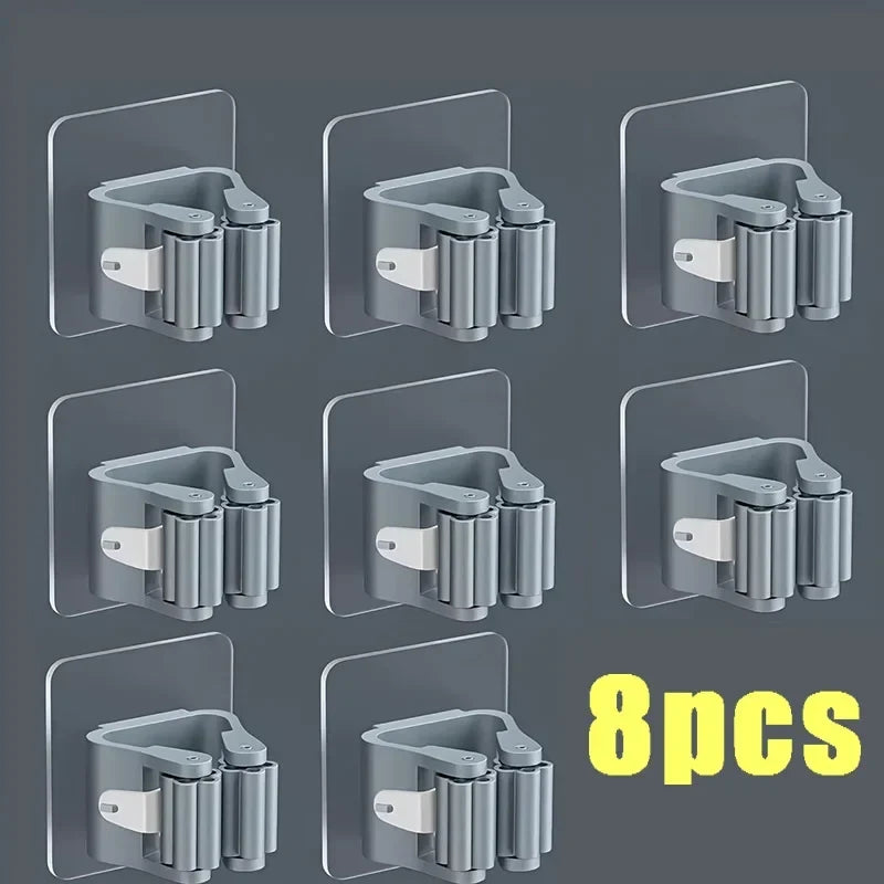 Wall mop and broom holder clips, set of 8, grey adhesive organizers