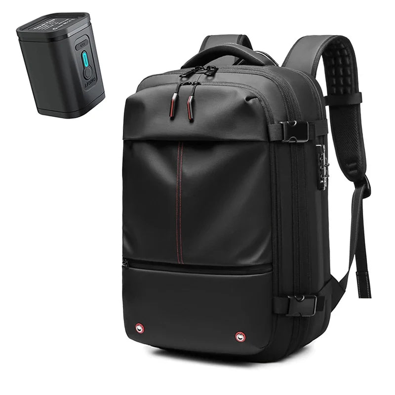 Black 17-inch laptop backpack with front zip pocket, top handle, and padded straps