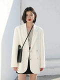 Ivory solid long-sleeve coat with double-breasted buttons and notched lapels