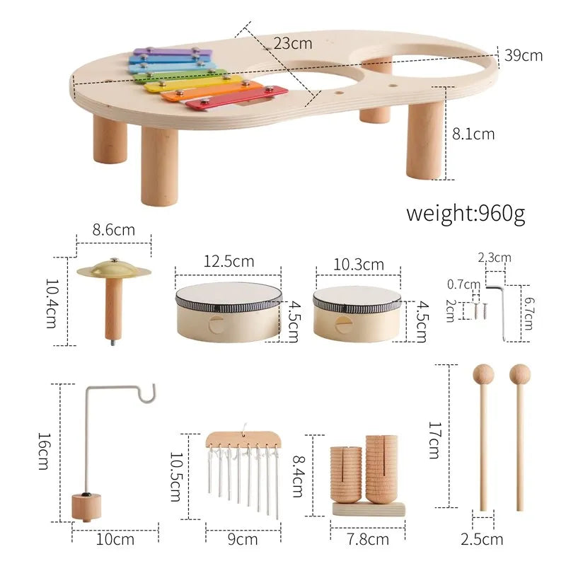 Wooden activity train table with track parts and size diagram, weight label