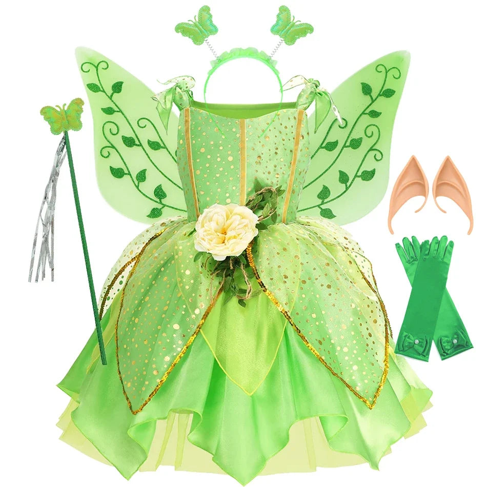 Kids green fairy dress with polka-dot bodice, layered tulle skirt, wing headpiece and gloves