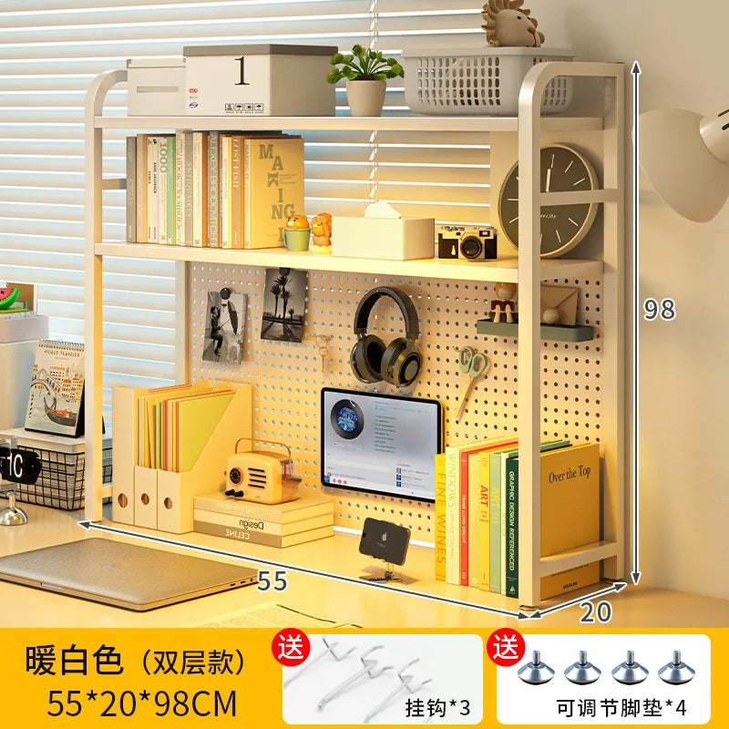 Warm-white double-tier pegboard desk organizer shelf with side compartments and hooks