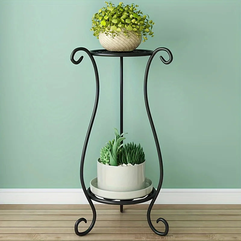 Black two-tier metal flower pot stand with curled feet and top pot platform
