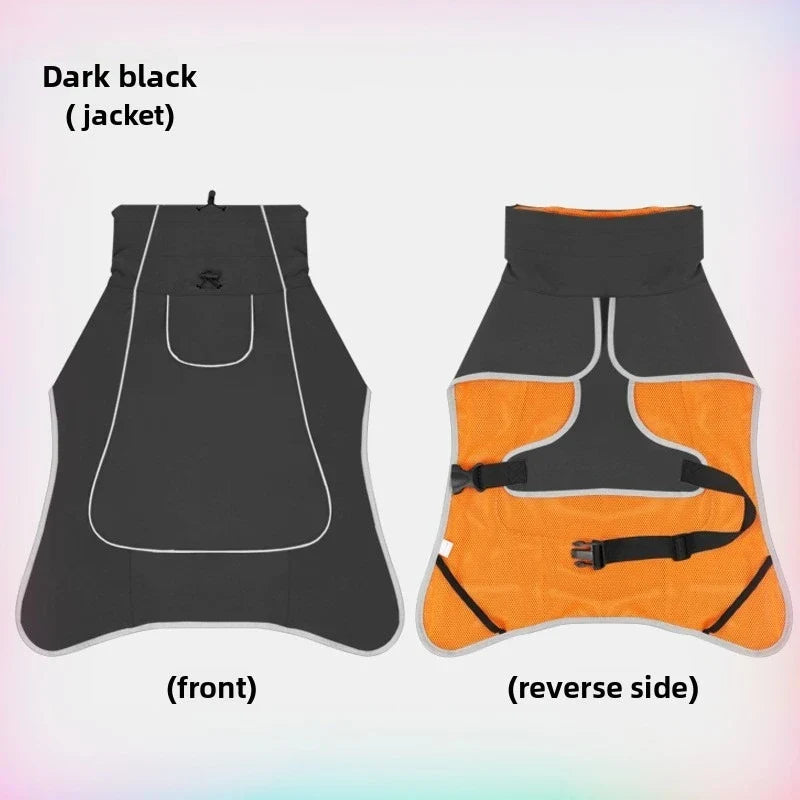 Dark black dog rain jacket shown front and reverse with orange accent panels