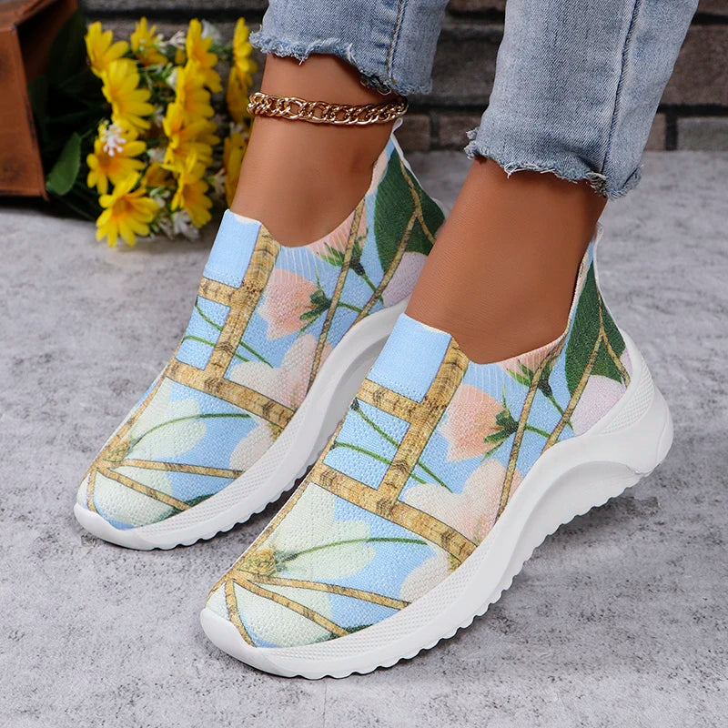 Multicolor knitted slip-on platform sneakers with blue, green, and gold strap detail