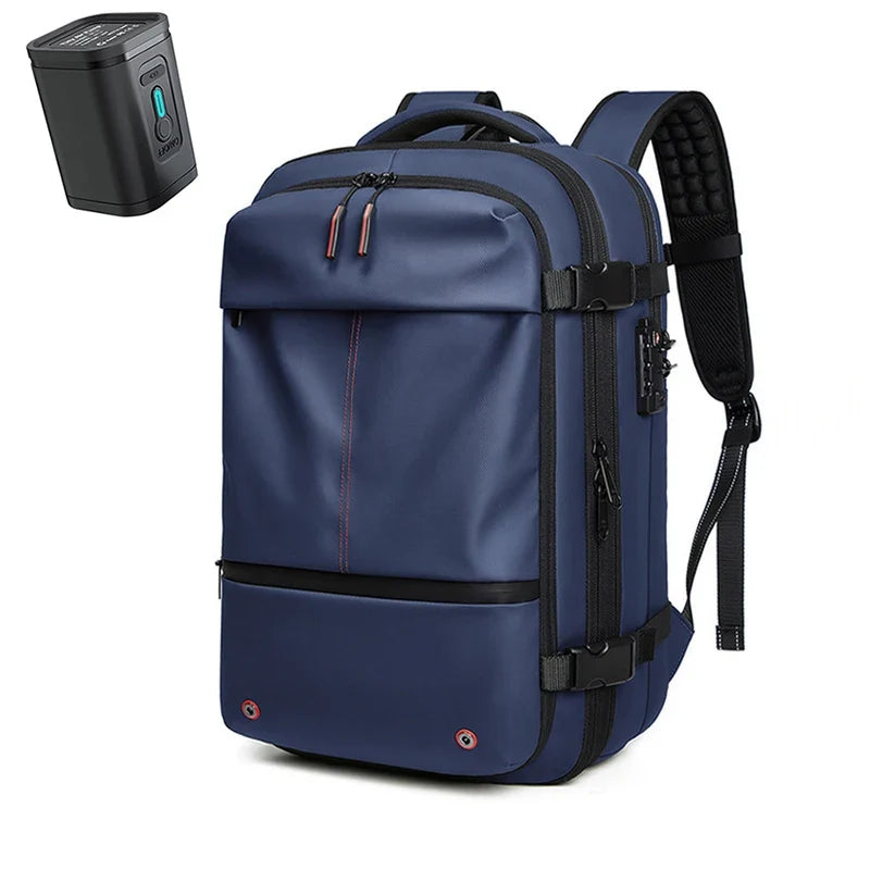 17-inch laptop backpack in navy blue with red zipper accents and front organizer pocket.