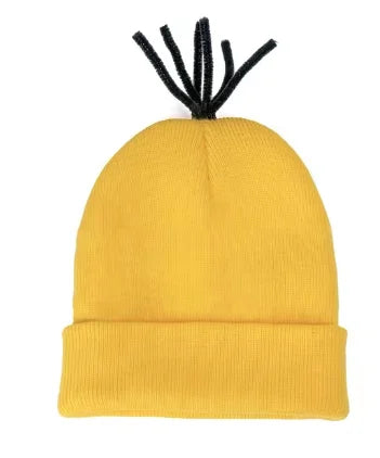 Yellow knit beanie hat with black spiky top for Halloween costume accessories