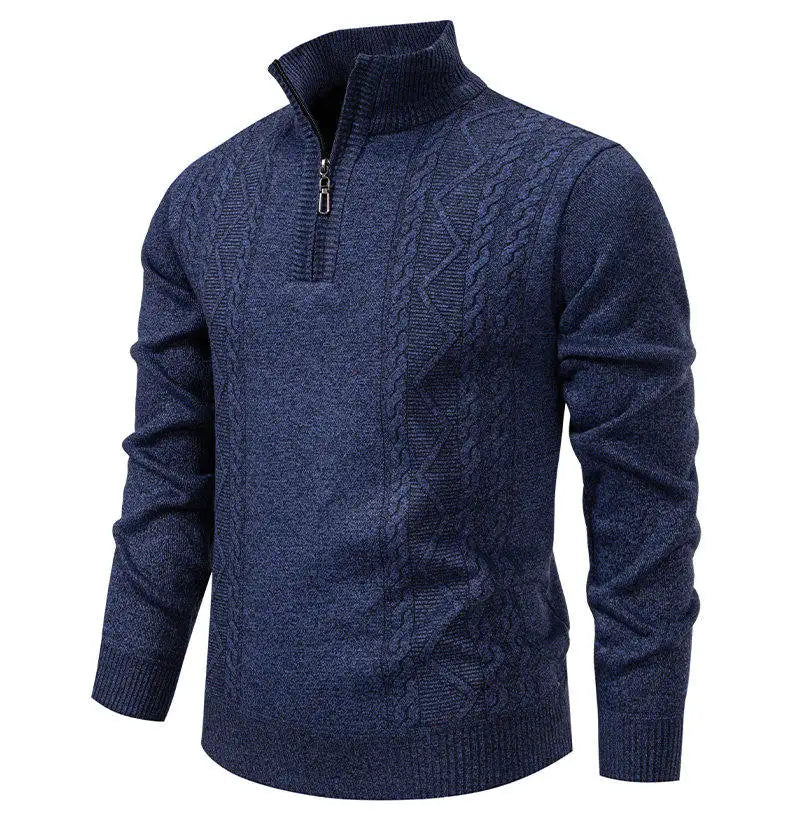 Men's knit pullover sweater, dark navy, stand collar half-zip (front view)