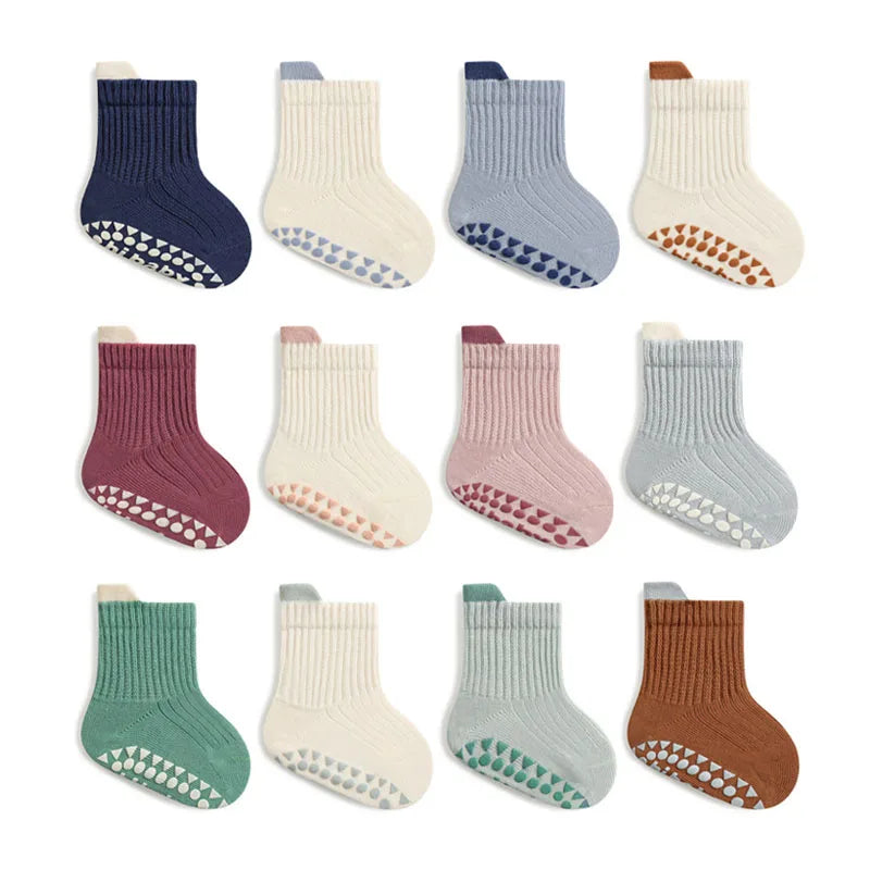 Kids cotton crew socks set in mixed colors with non-slip dot grippers on soles