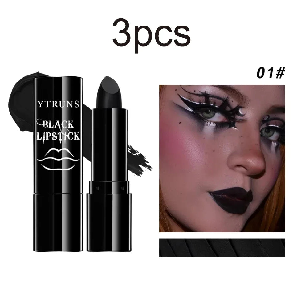 3-piece matte black lipstick set with YTRUNS tube and bullet, swatch included