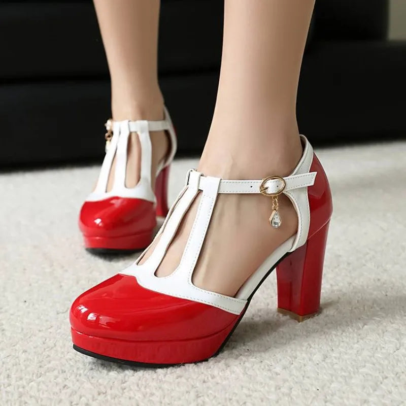 Women’s heeled platform pumps with T-strap, glossy red and white color-block, buckle
