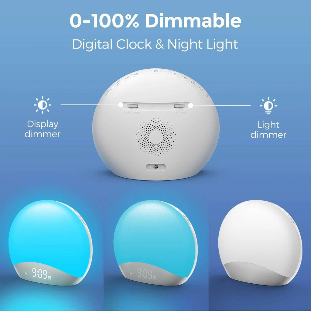 White digital alarm clock with adjustable dimmer controls and colored light options