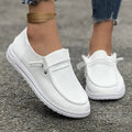 White round-toe slip-on loafers with drawstring and textured fabric, anti-slip white sole