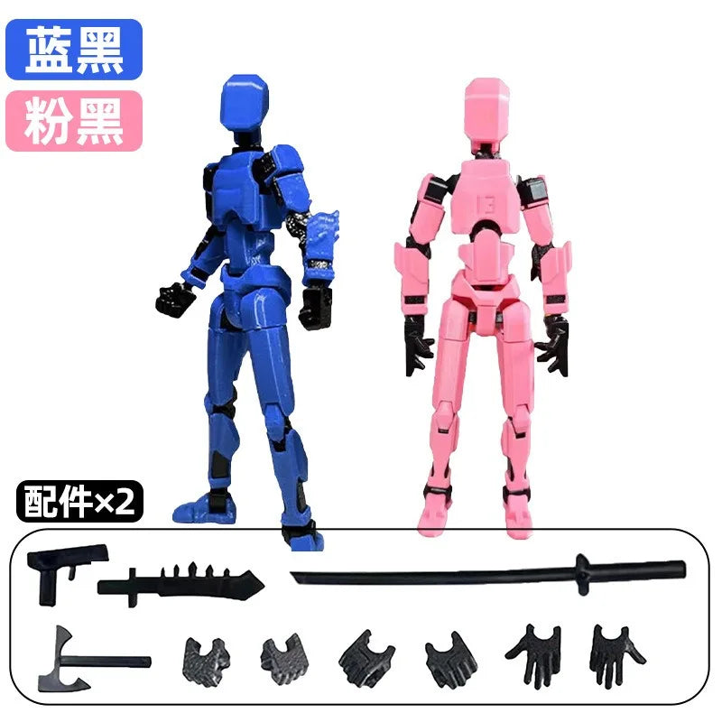 Blue and pink multi-jointed robot action figures with weapon accessories