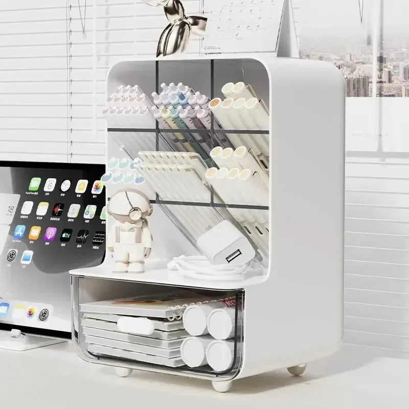 Beige and white desk pen organizer with open compartments and stacked storage bins