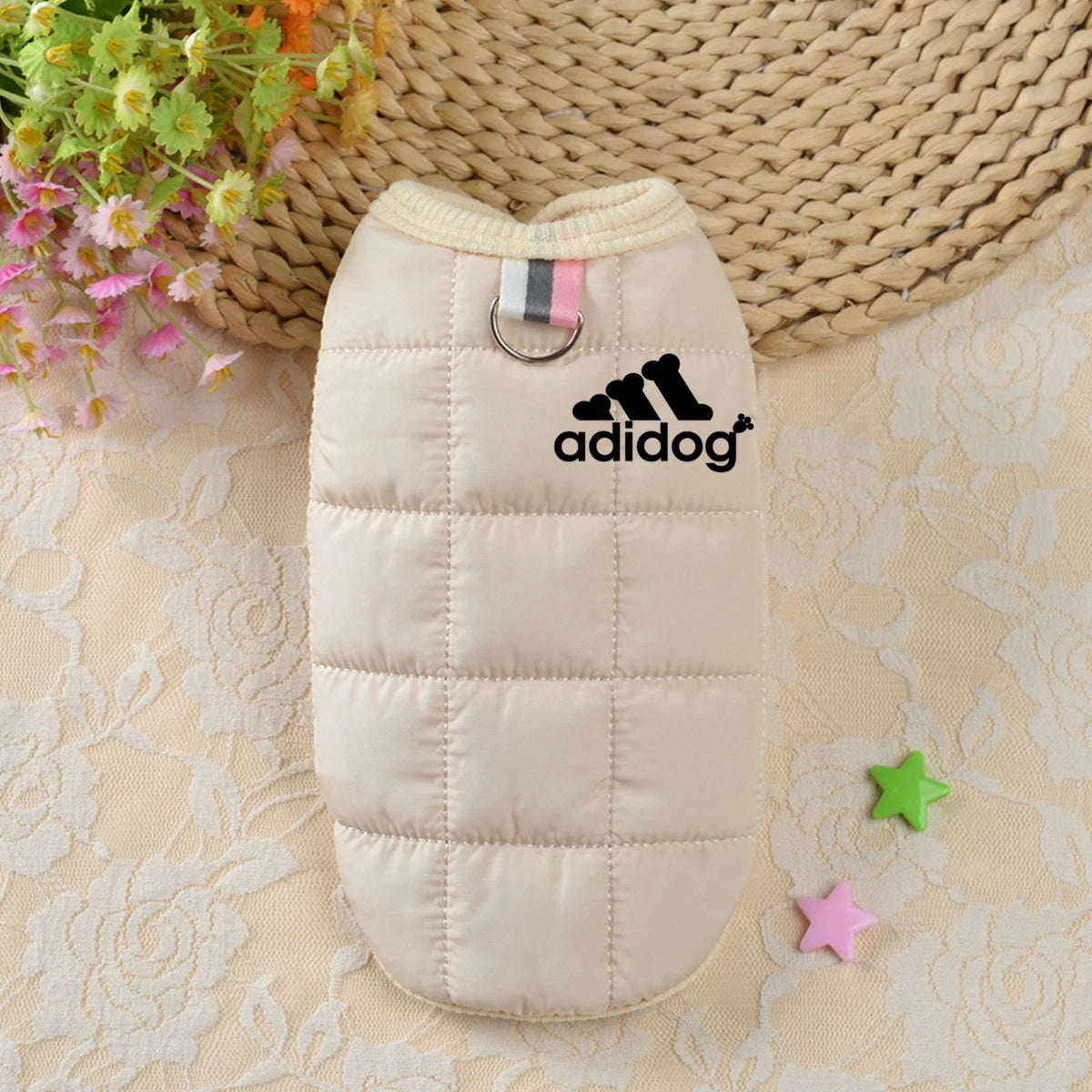 Pet dog puffer jacket, cream with front loop clasp and "adidog" logo