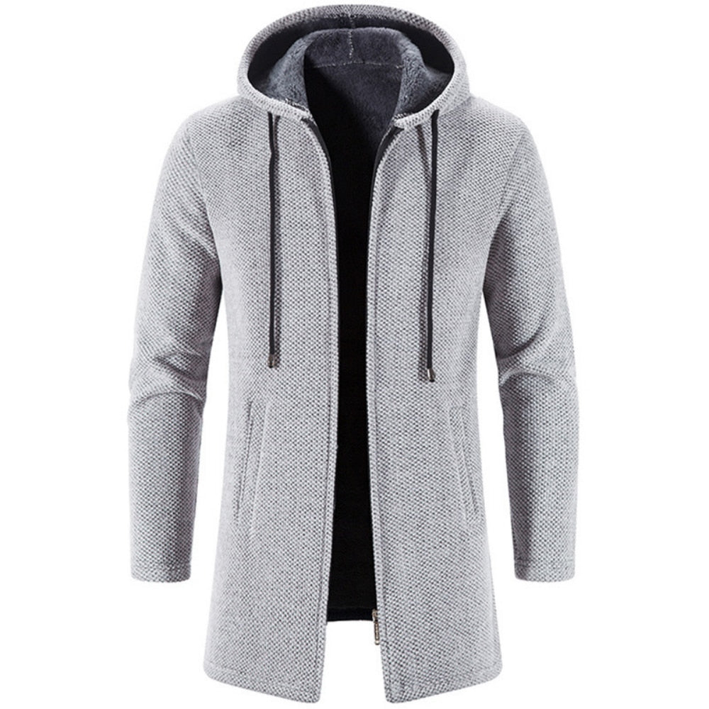 Men's hooded cardigan coat in light gray knit, front zipper, drawstring hood