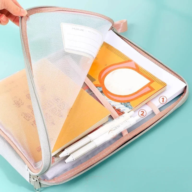 Open mesh stationery storage bag with zipper, holding documents and notebooks