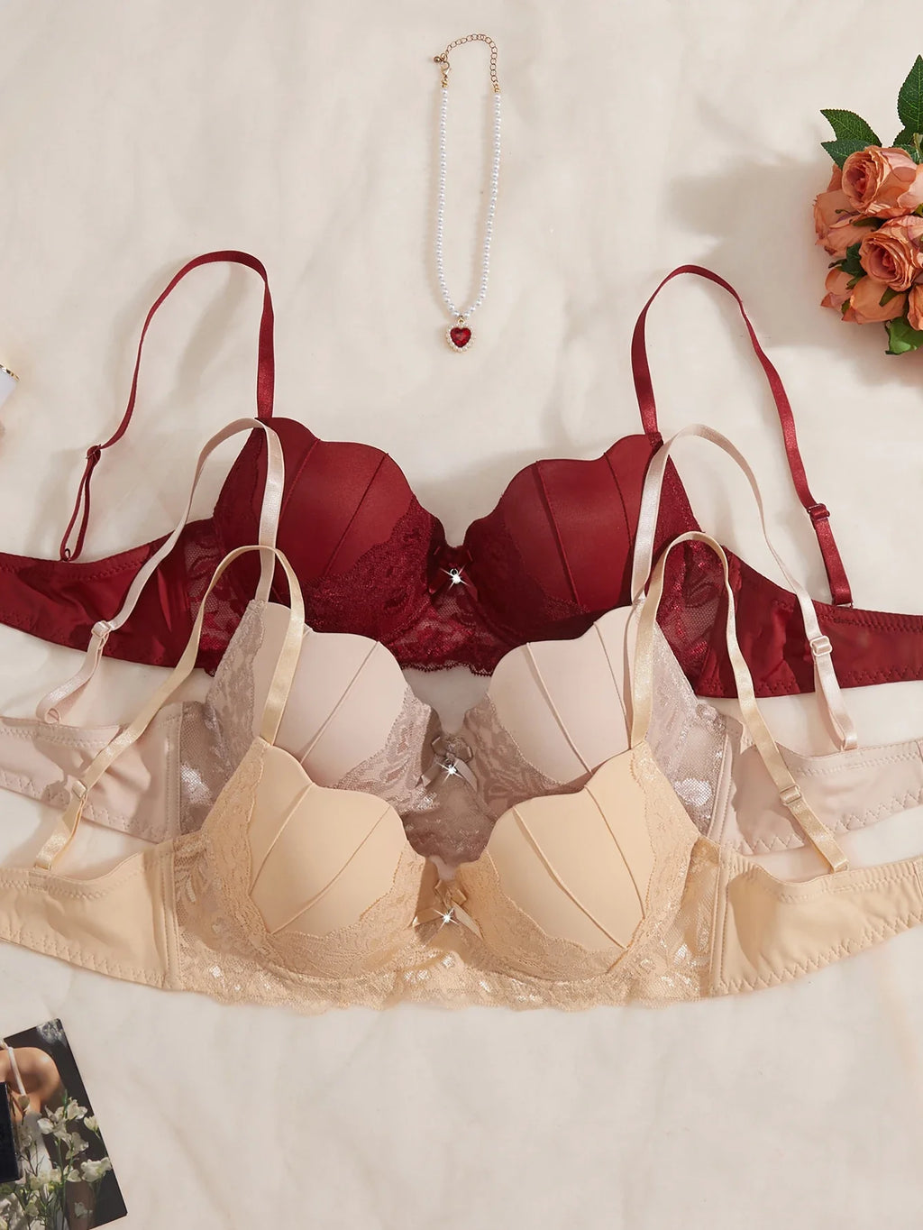 3-piece lace bra set with red bras and nude bra with adjustable shoulder straps